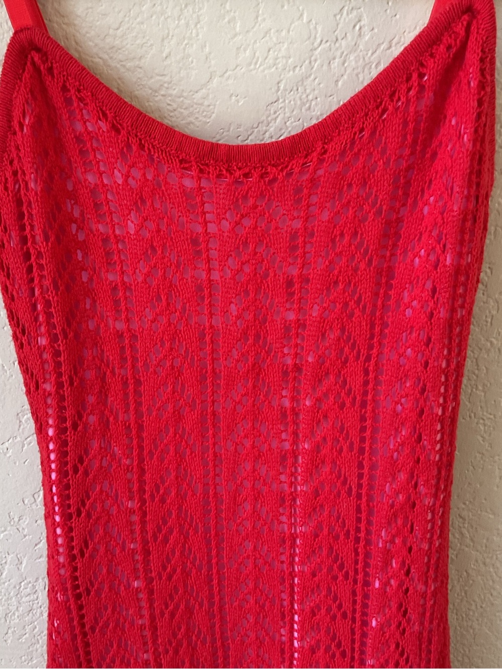 Red Crochet Knit Mini Dress XS S Pink Contrast Lining Strappy Summer Festival - Picture 2 of 6